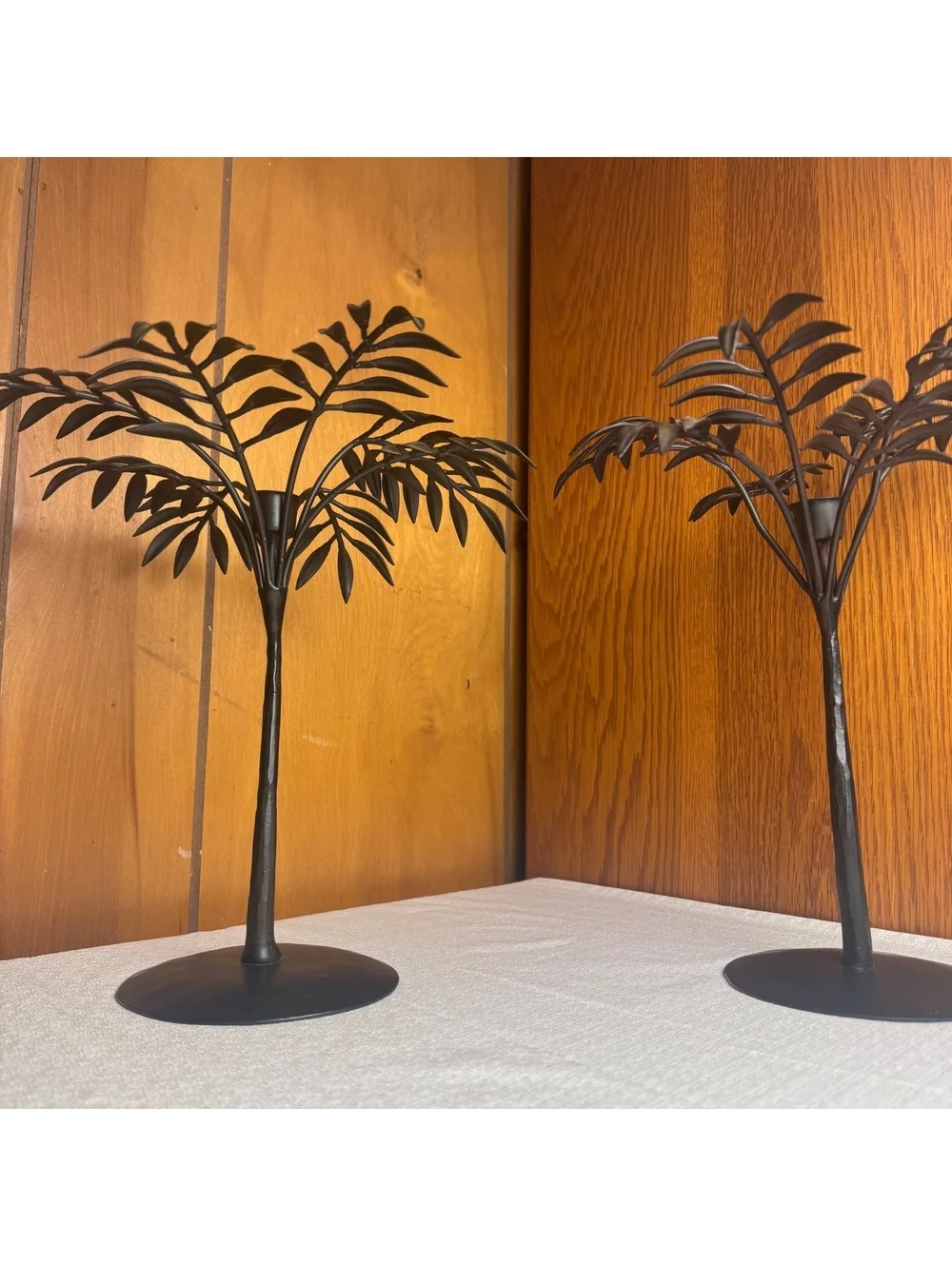 Vintage Black Metal Palm Tree Candle Holders Pair Tropical Coastal Decor
